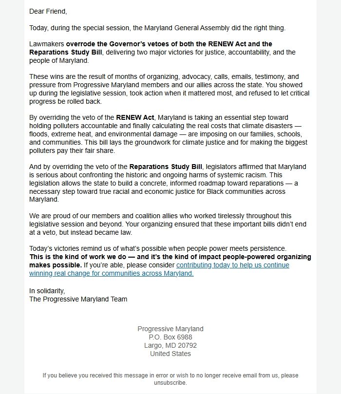 Screenshot of the email generated on import