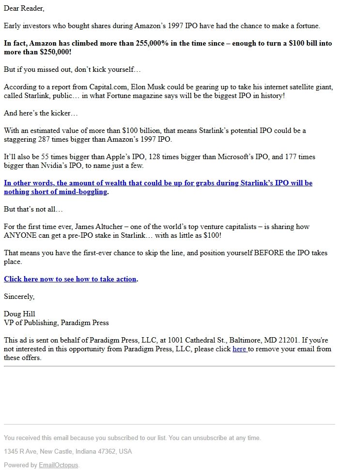 Screenshot of the email generated on import