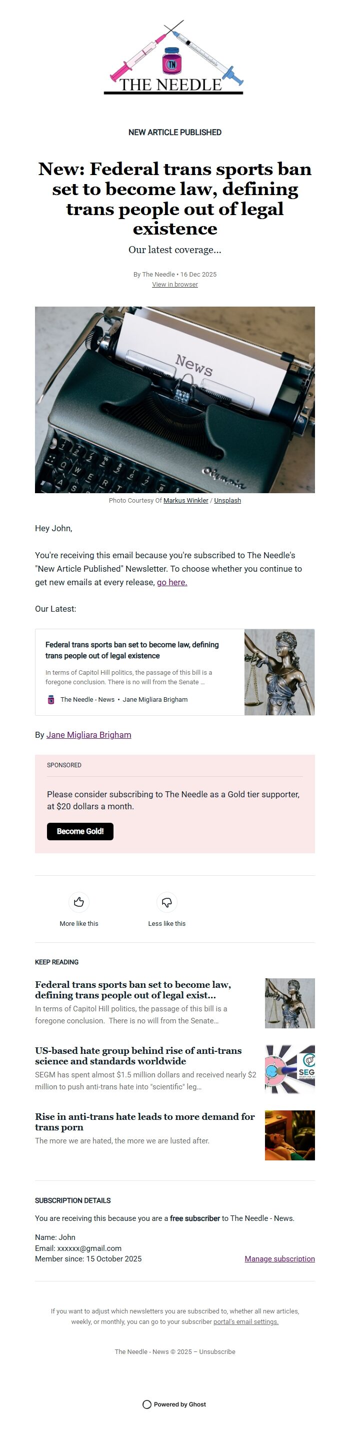 Screenshot of the email generated on import