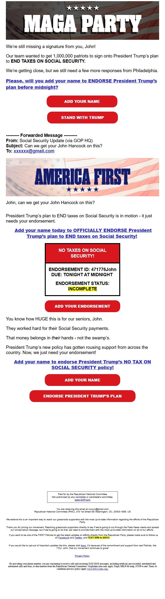 Screenshot of the email generated on import