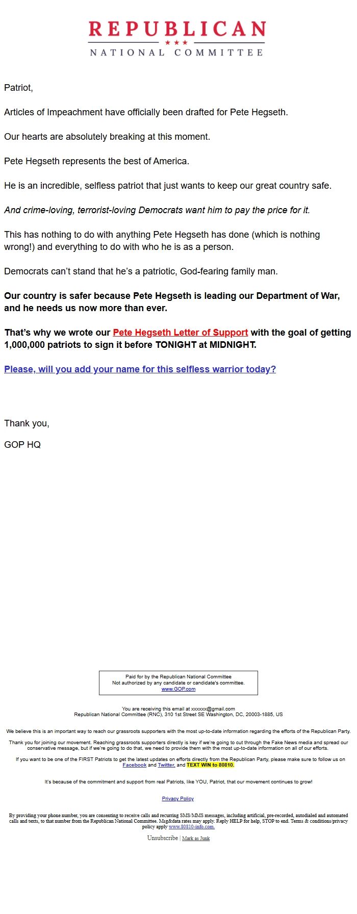 Screenshot of the email generated on import