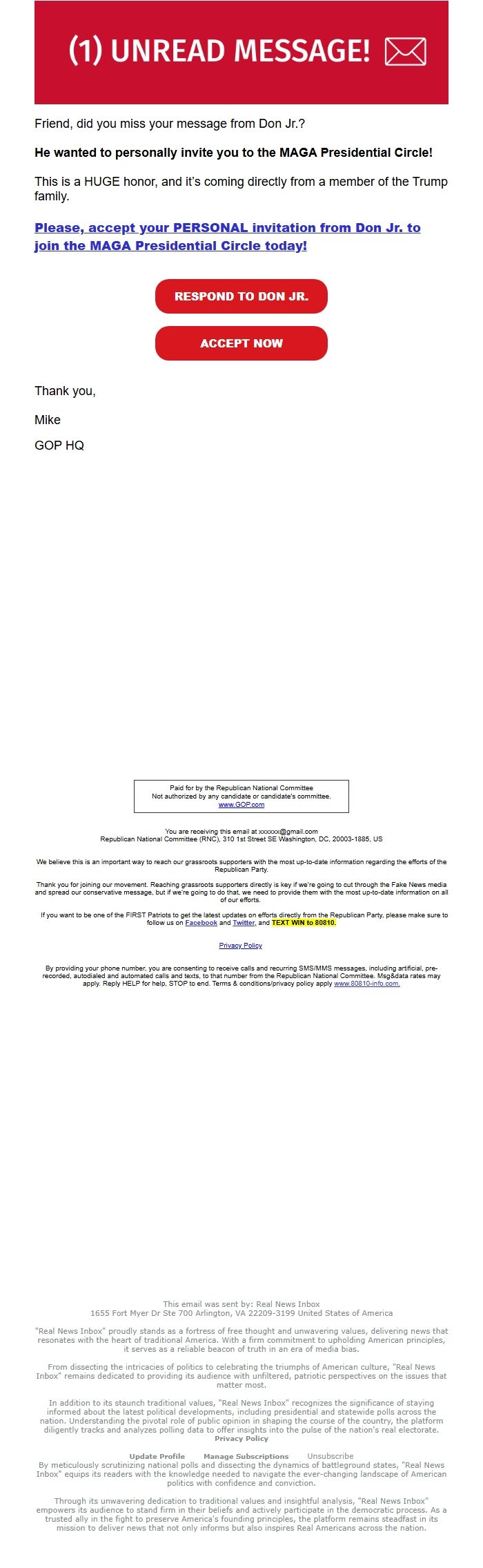 Screenshot of the email generated on import