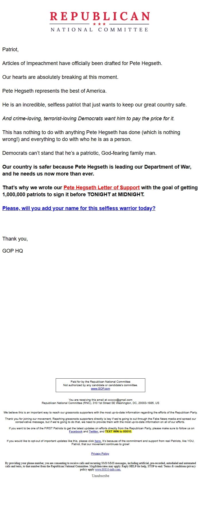 Screenshot of the email generated on import