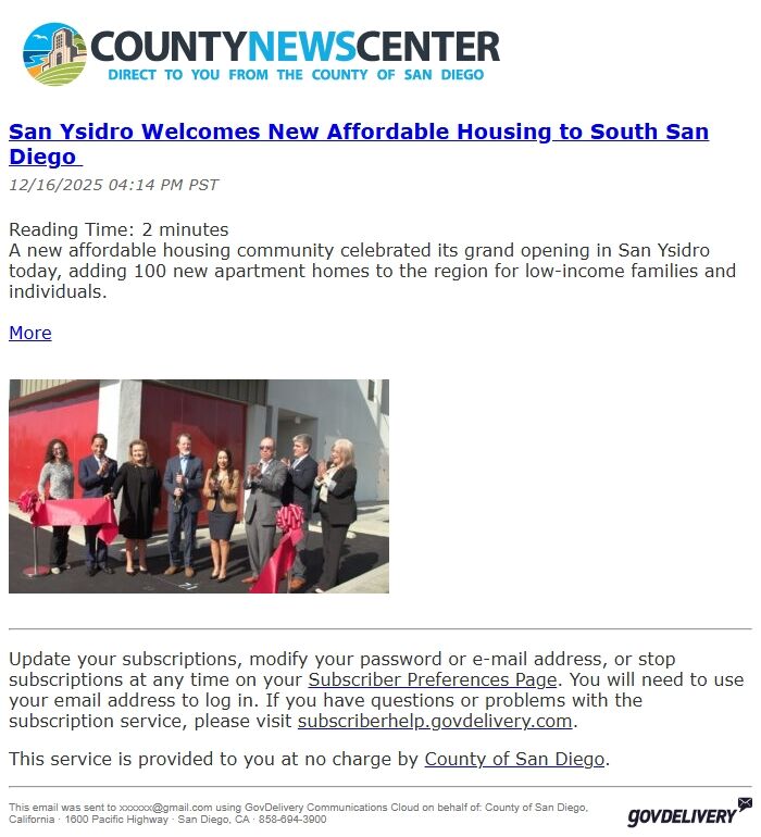 Screenshot of the email generated on import