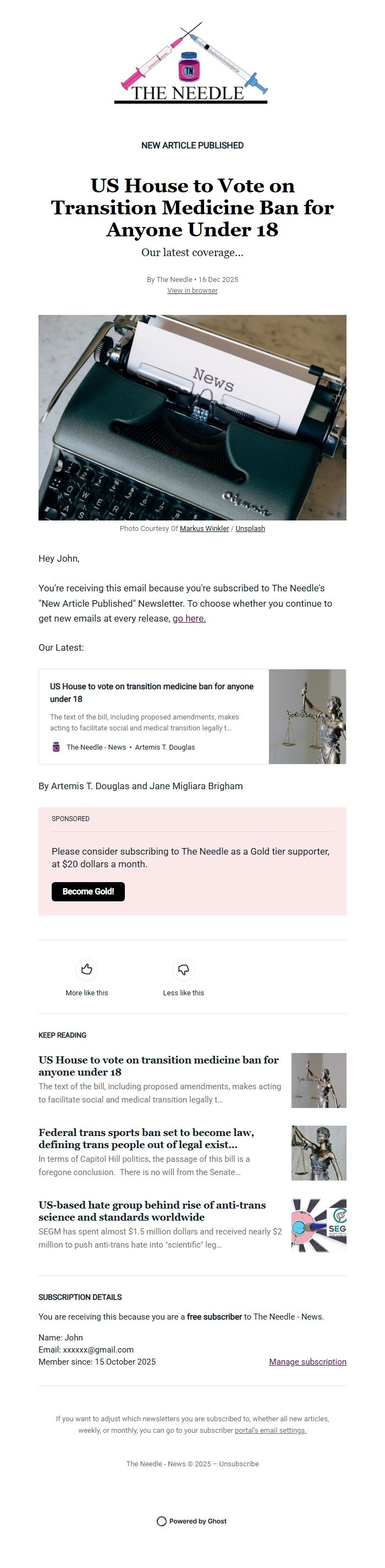 Screenshot of the email generated on import
