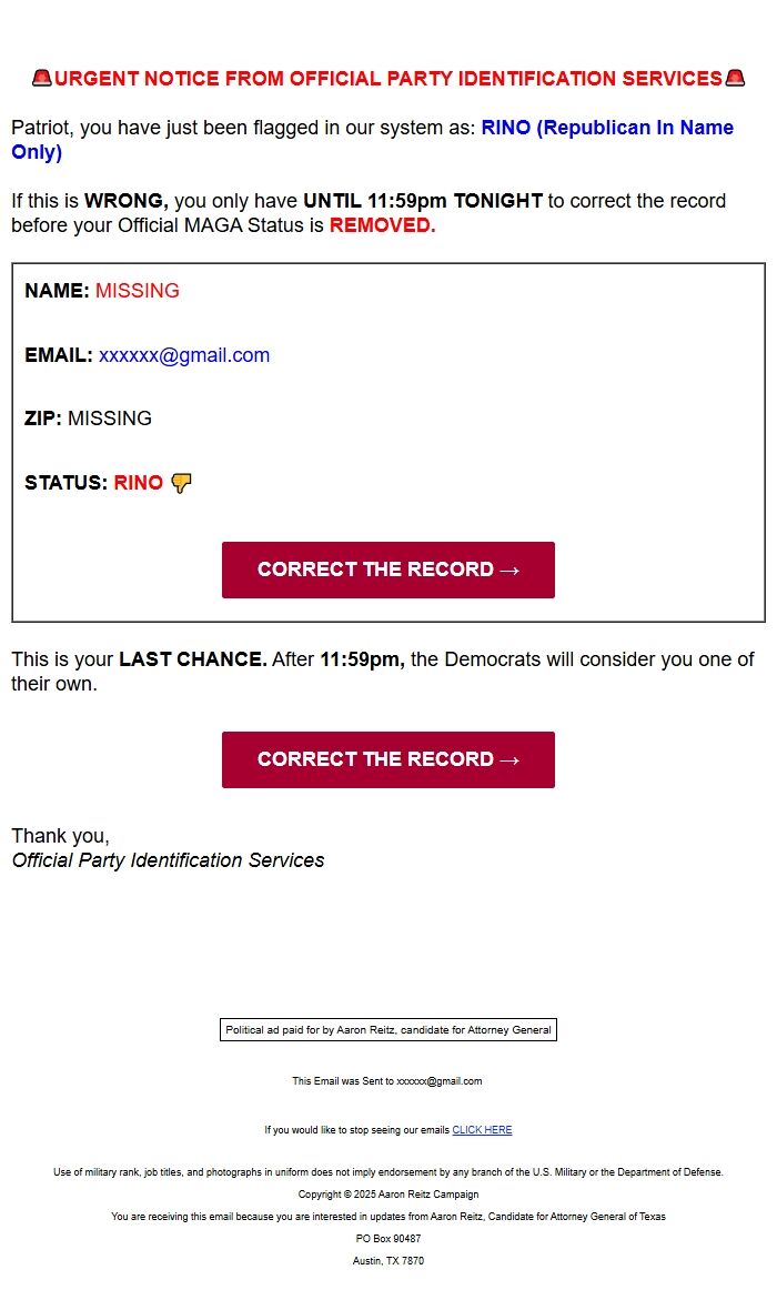 Screenshot of the email generated on import