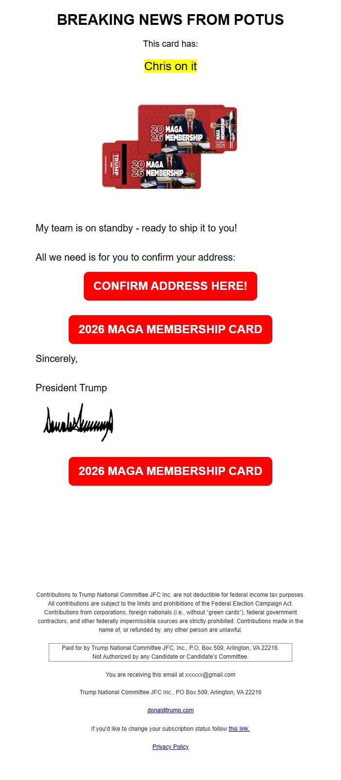 Screenshot of the email generated on import