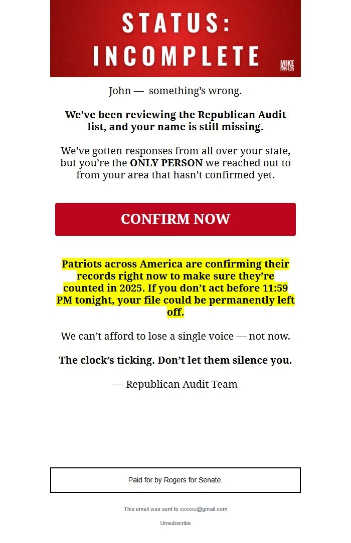 Screenshot of the email generated on import