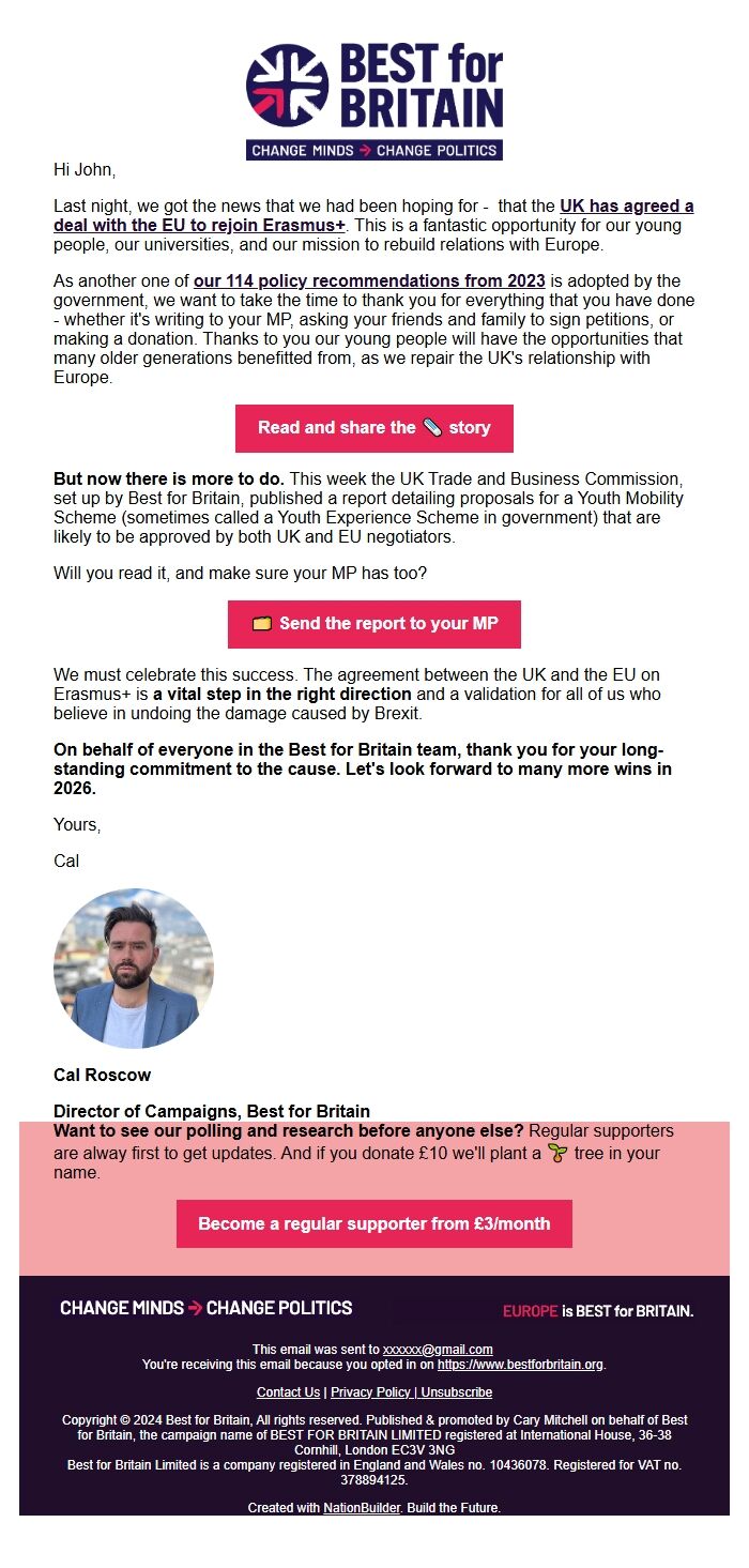 Screenshot of the email generated on import