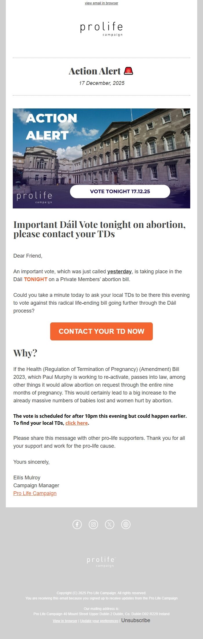 Screenshot of the email generated on import