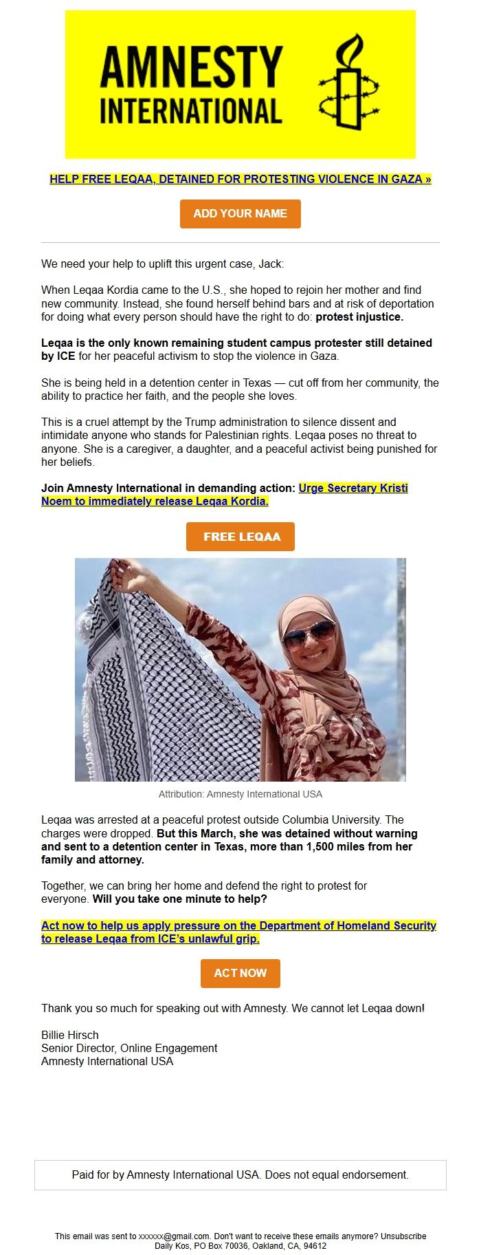 Screenshot of the email generated on import