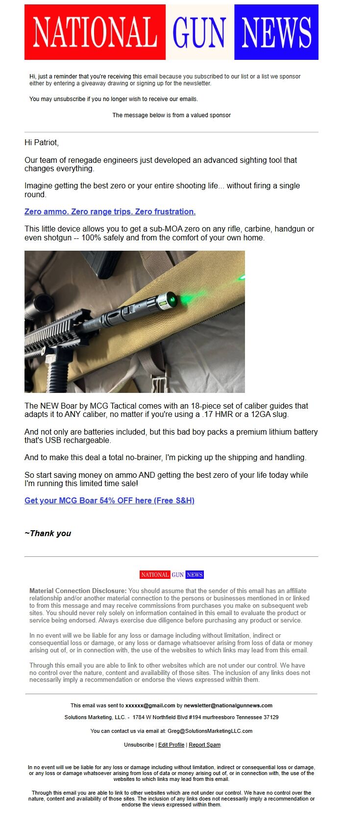 Screenshot of the email generated on import