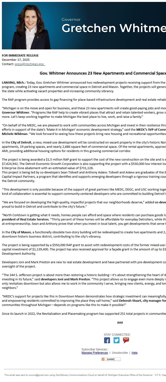 Screenshot of the email generated on import