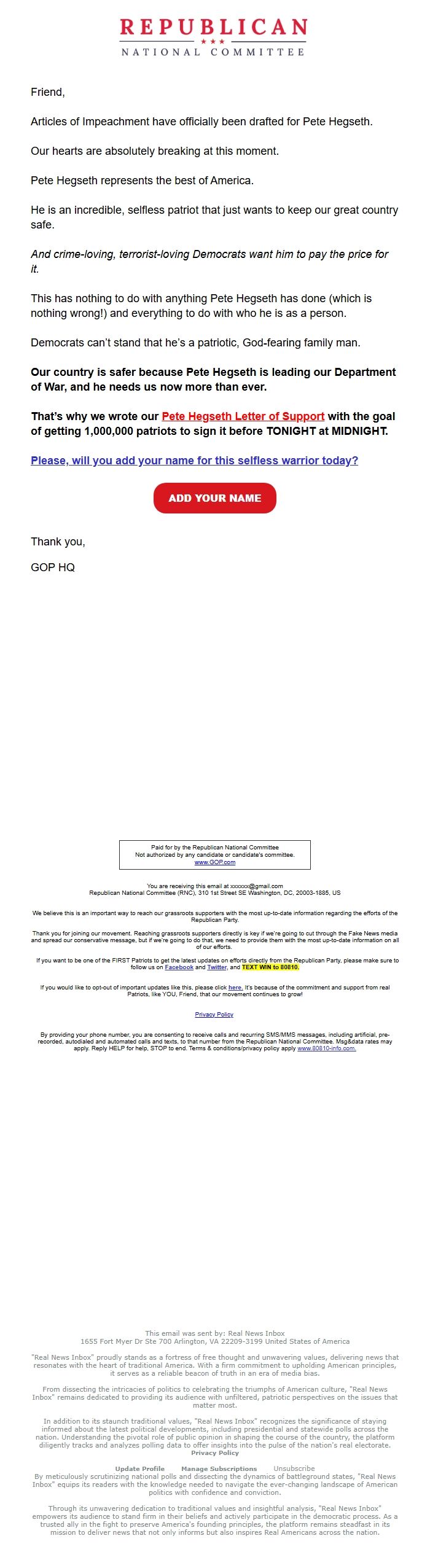 Screenshot of the email generated on import