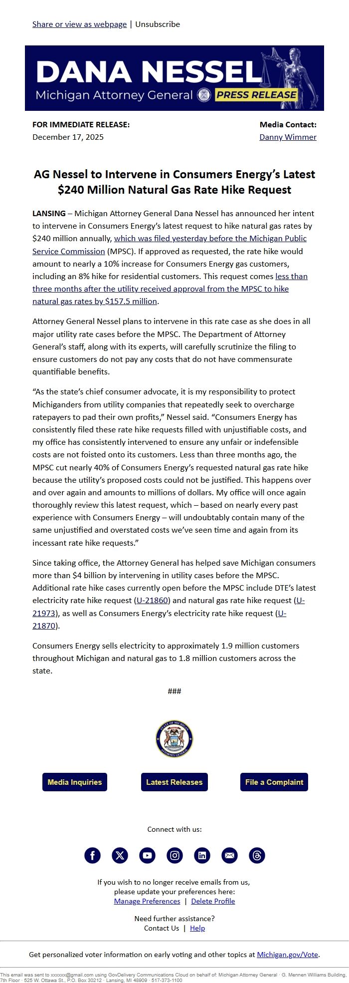 Screenshot of the email generated on import