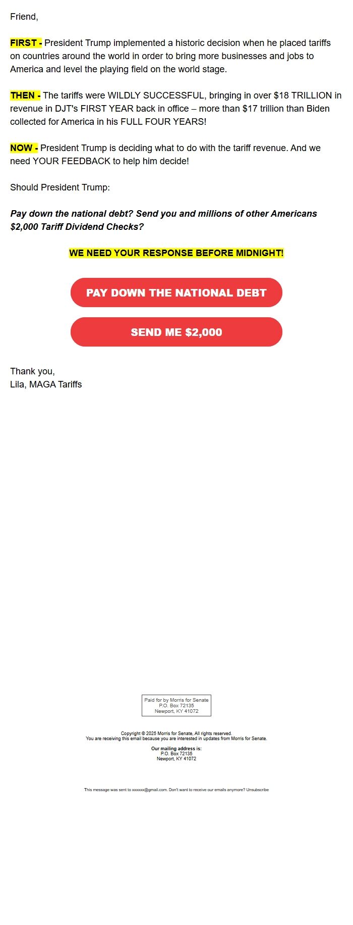 Screenshot of the email generated on import