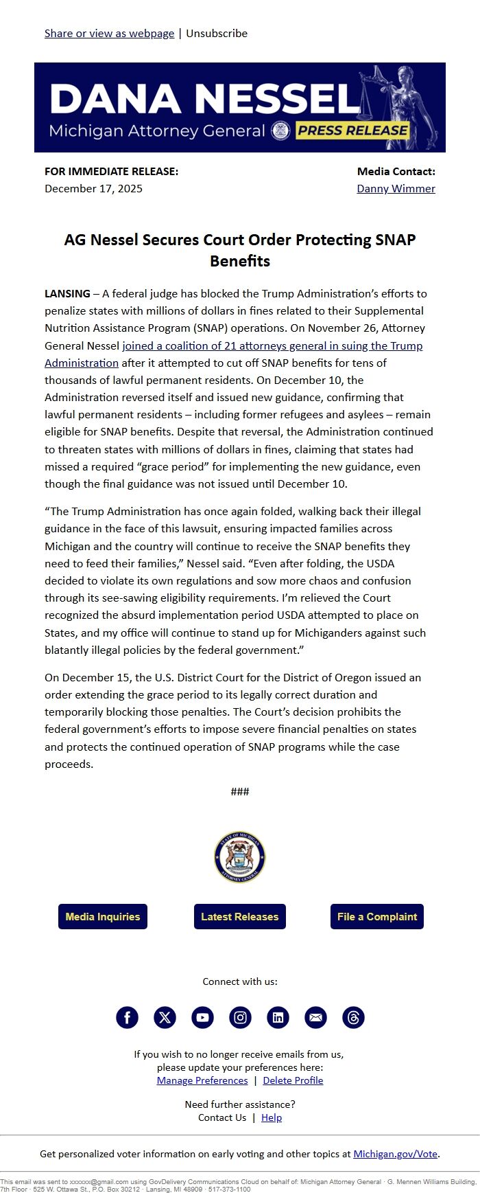 Screenshot of the email generated on import