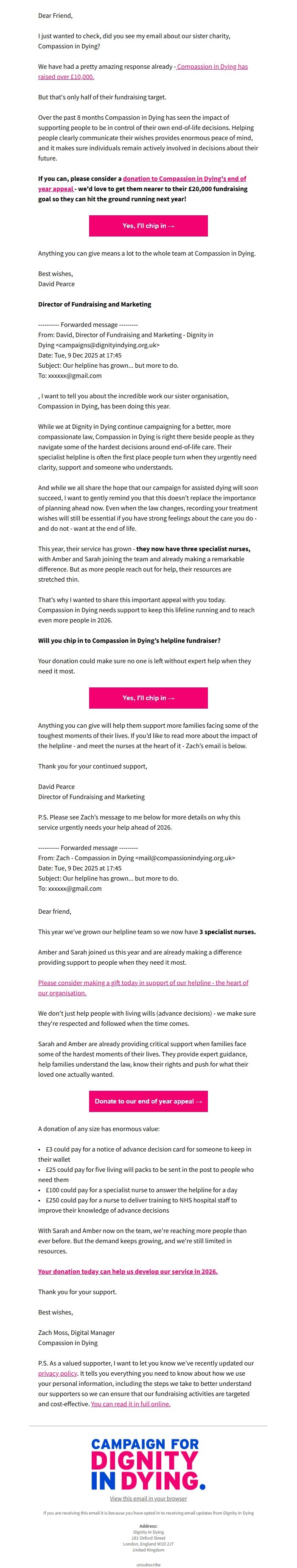 Screenshot of the email generated on import