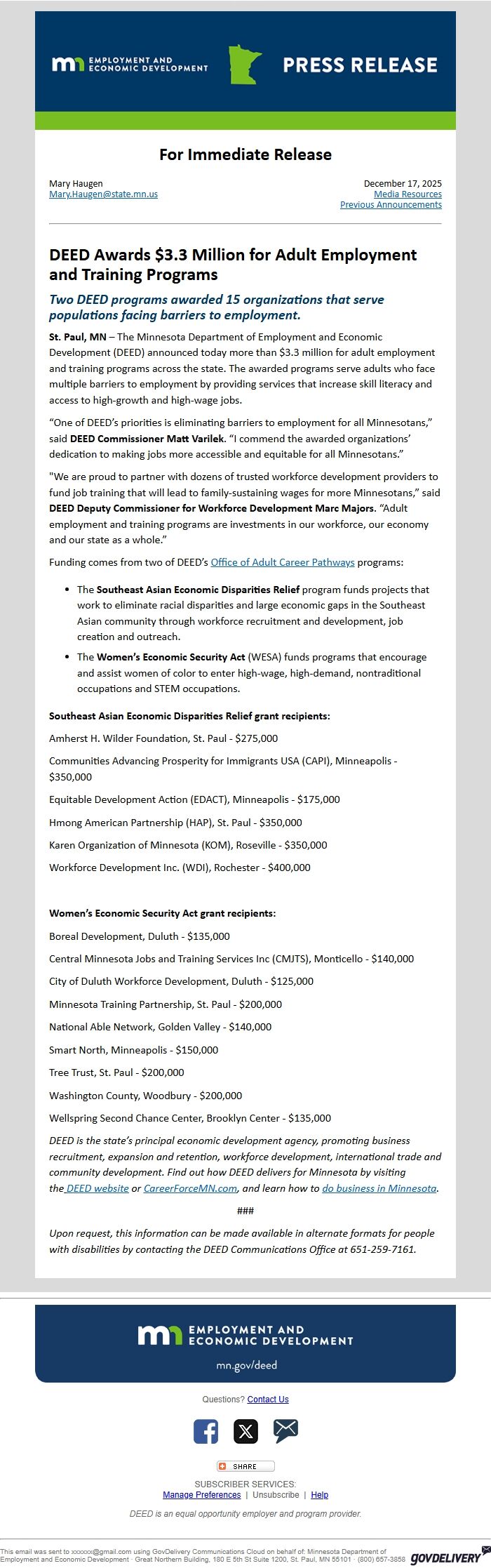 Screenshot of the email generated on import