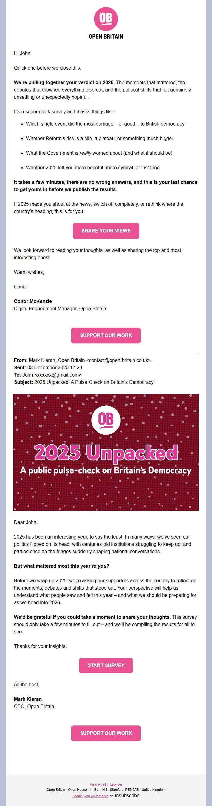 Screenshot of the email generated on import