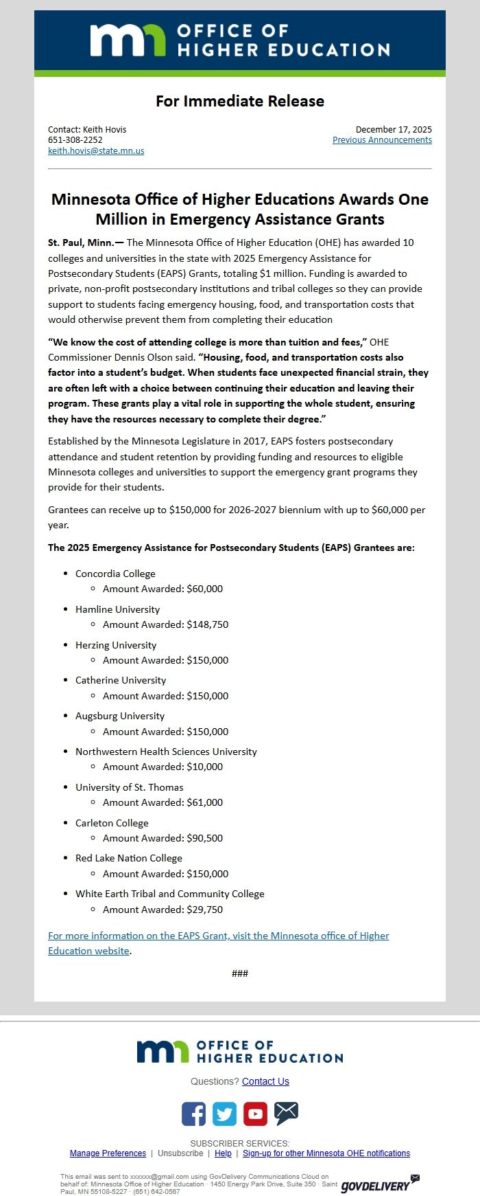 Screenshot of the email generated on import