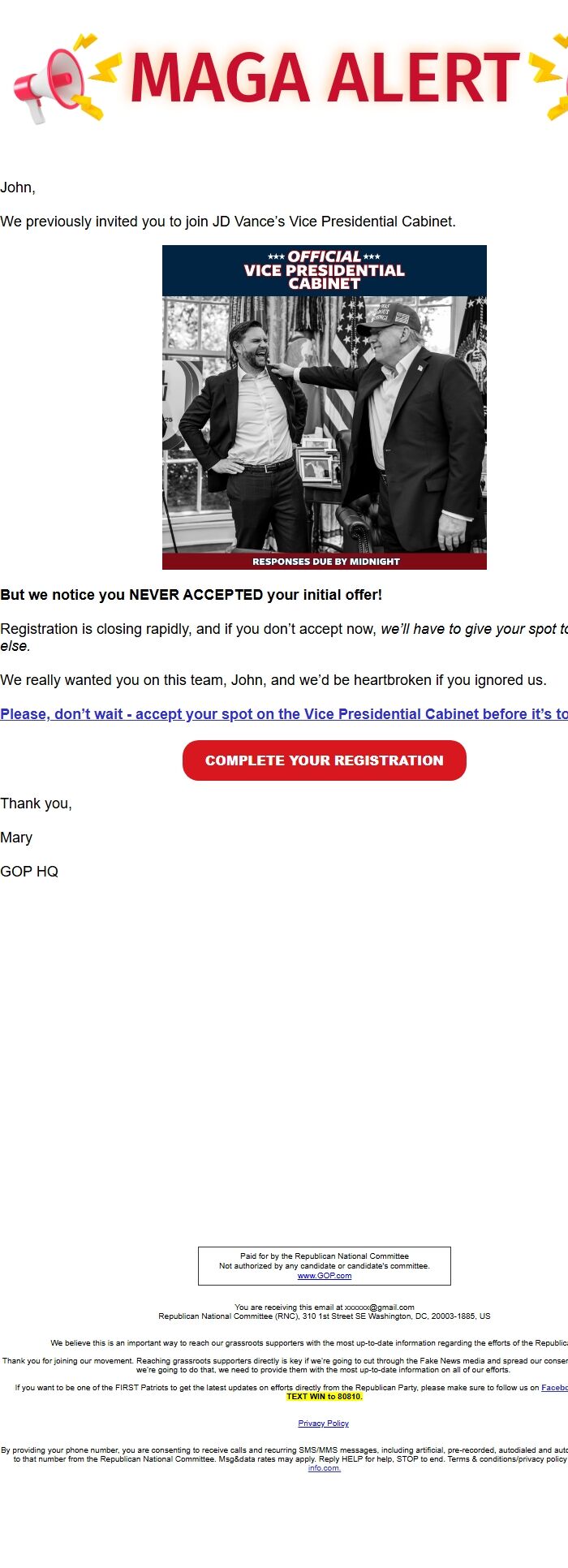 Screenshot of the email generated on import