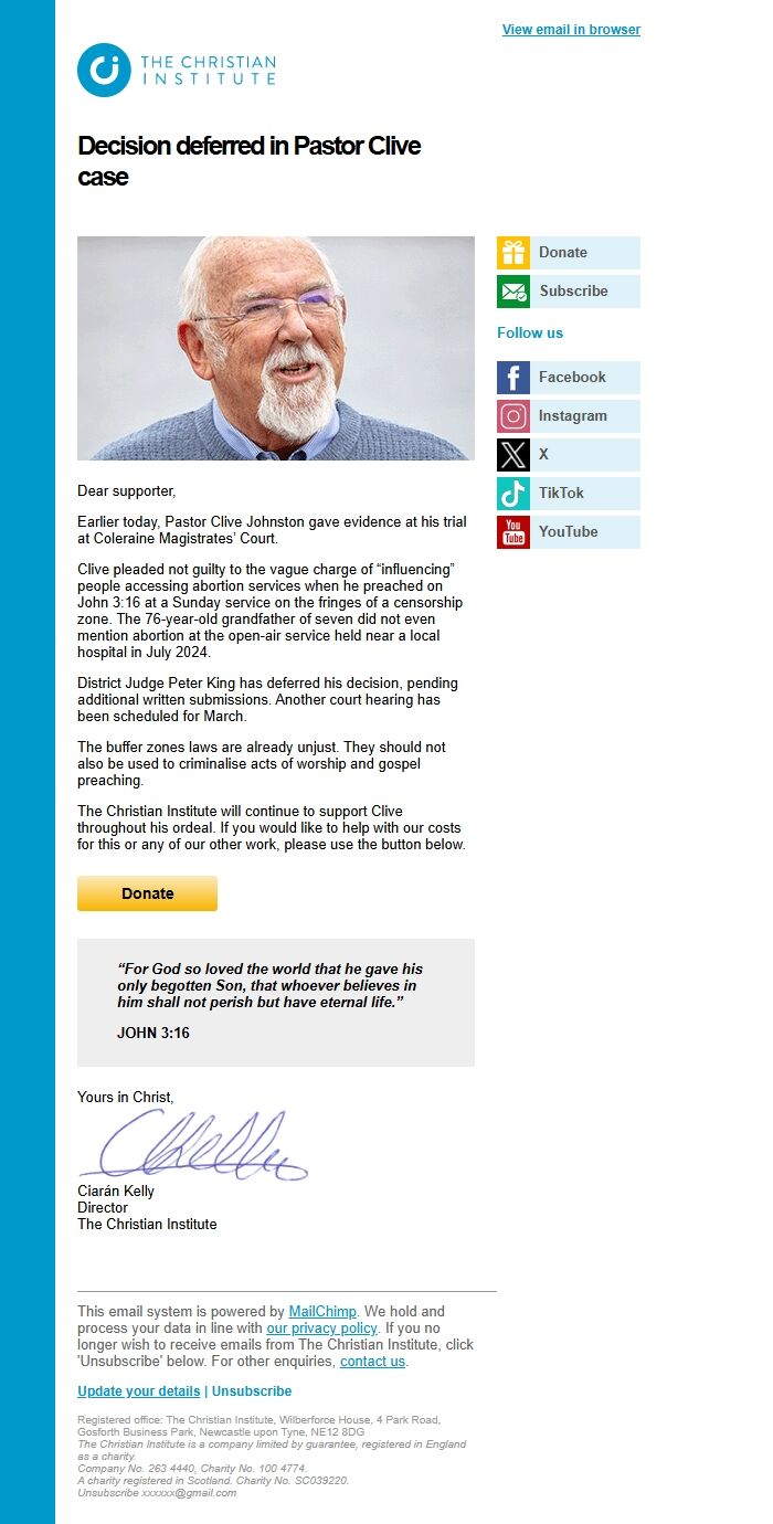 Screenshot of the email generated on import