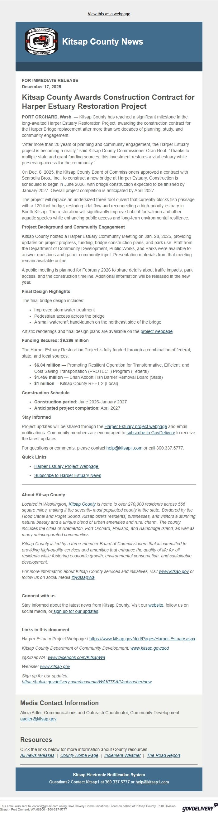 Screenshot of the email generated on import