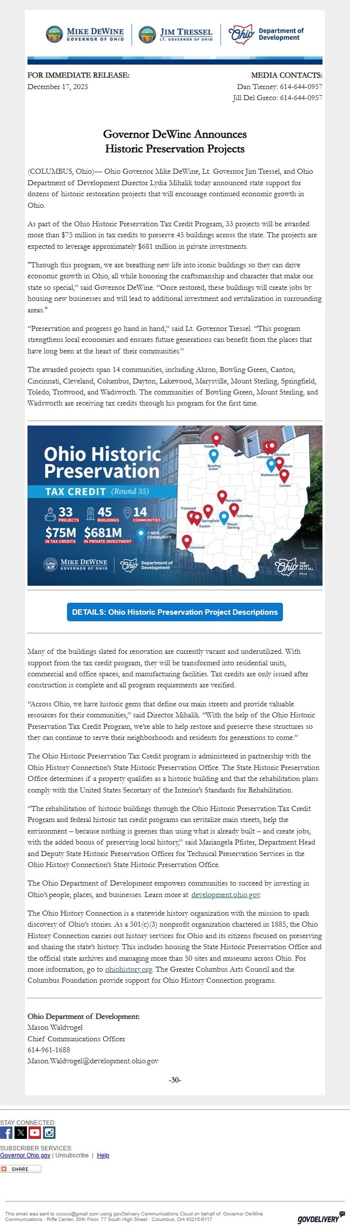 Screenshot of the email generated on import