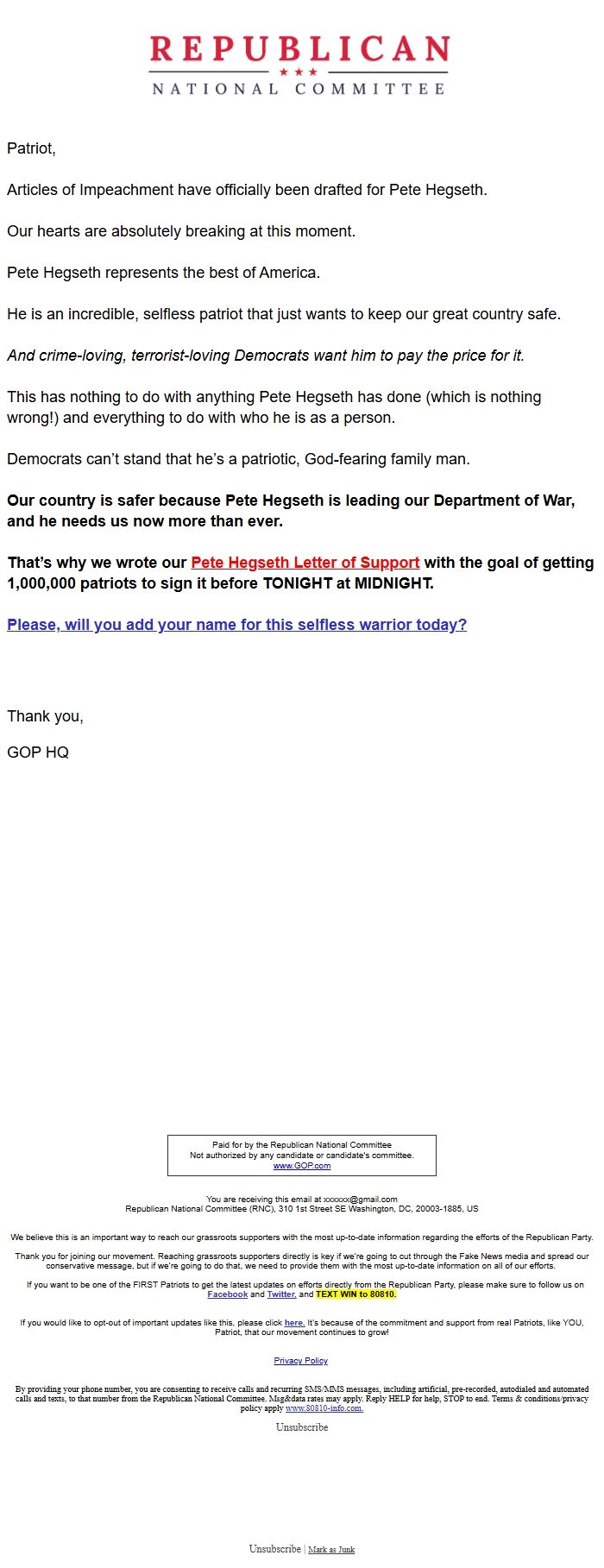 Screenshot of the email generated on import