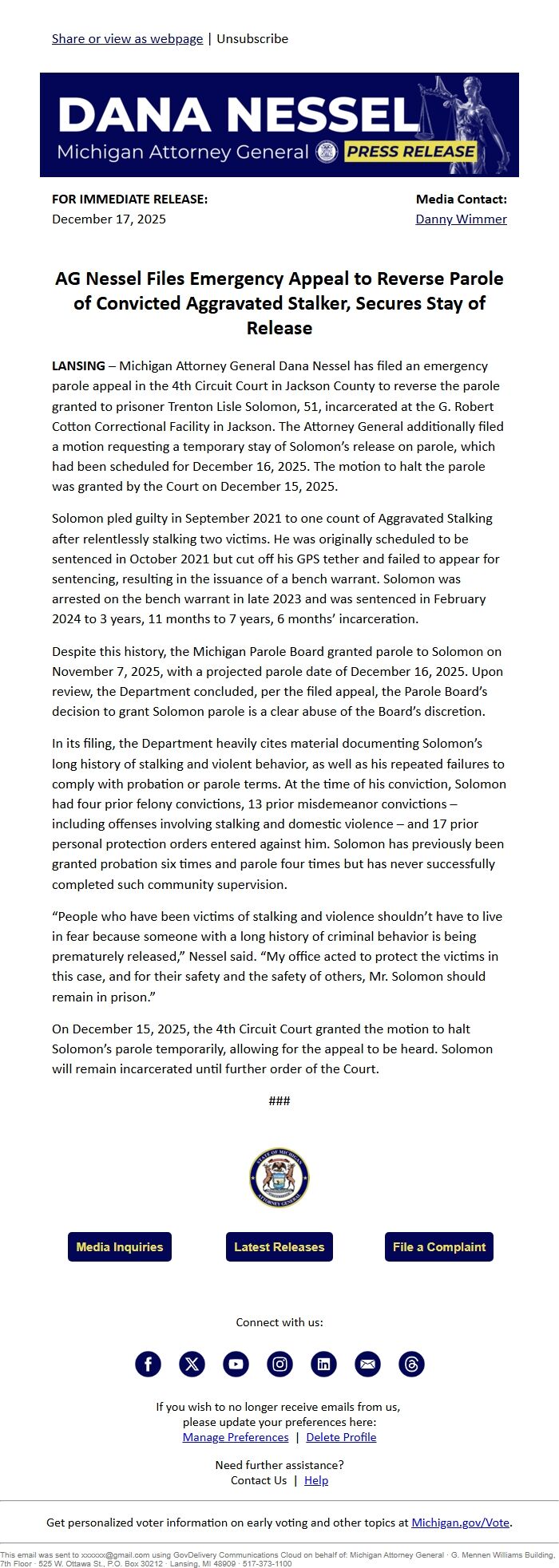 Screenshot of the email generated on import