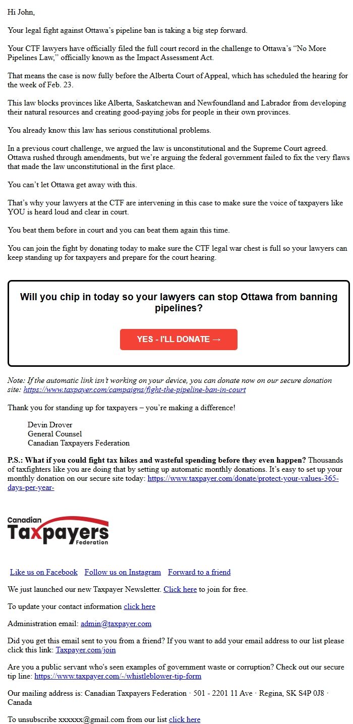 Screenshot of the email generated on import