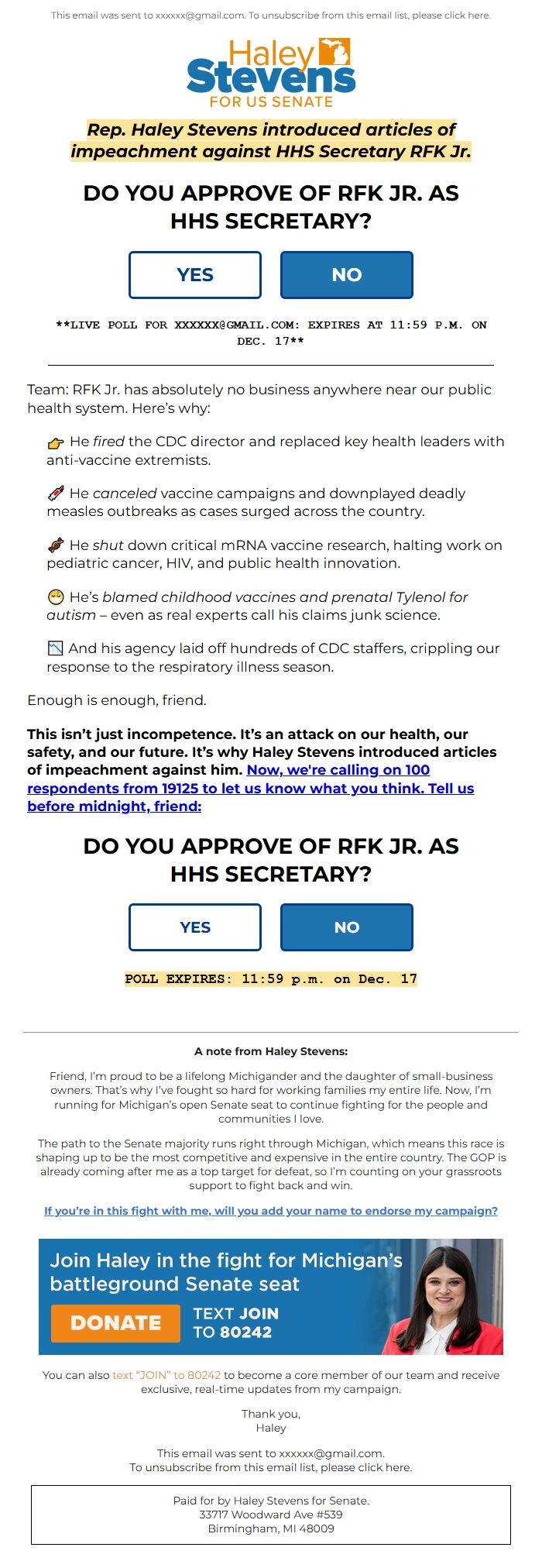 Screenshot of the email generated on import