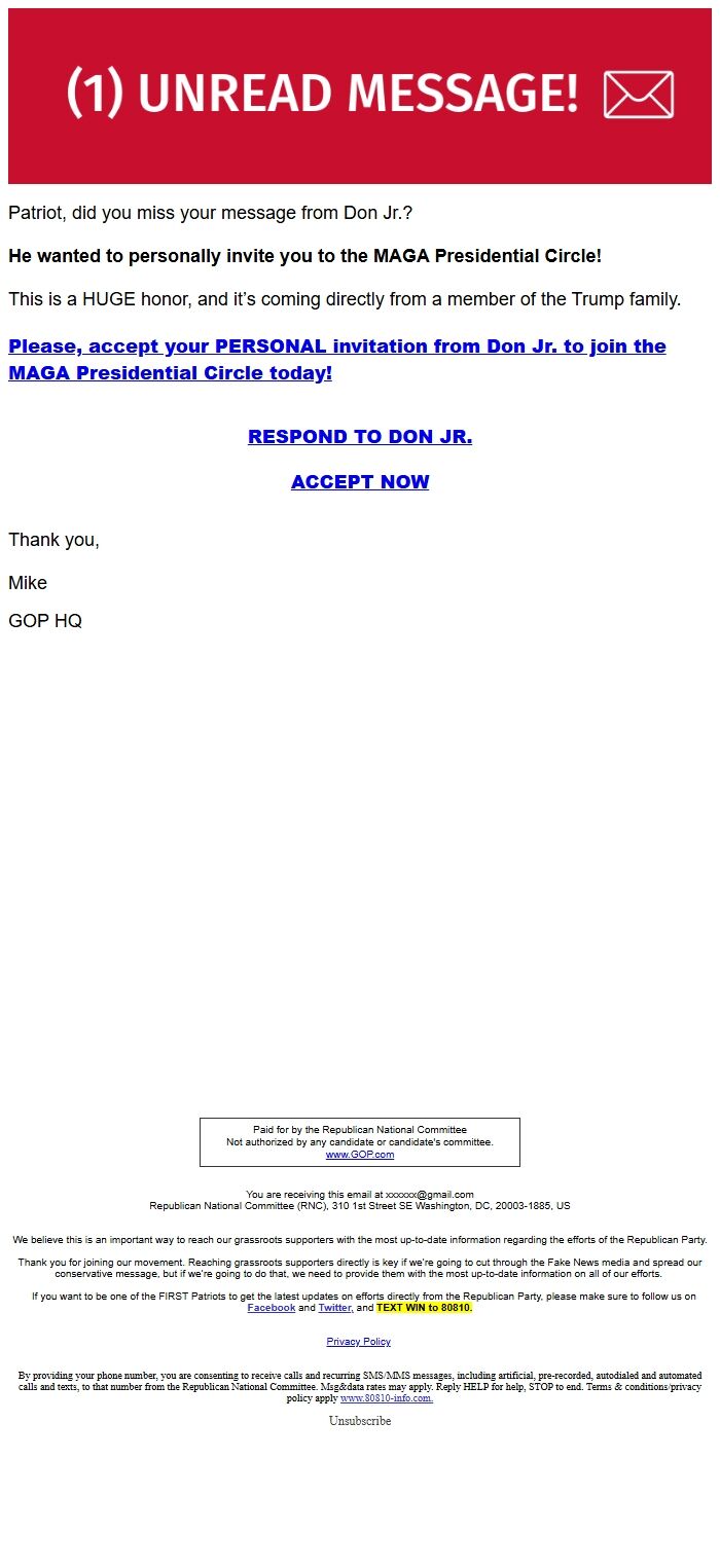 Screenshot of the email generated on import