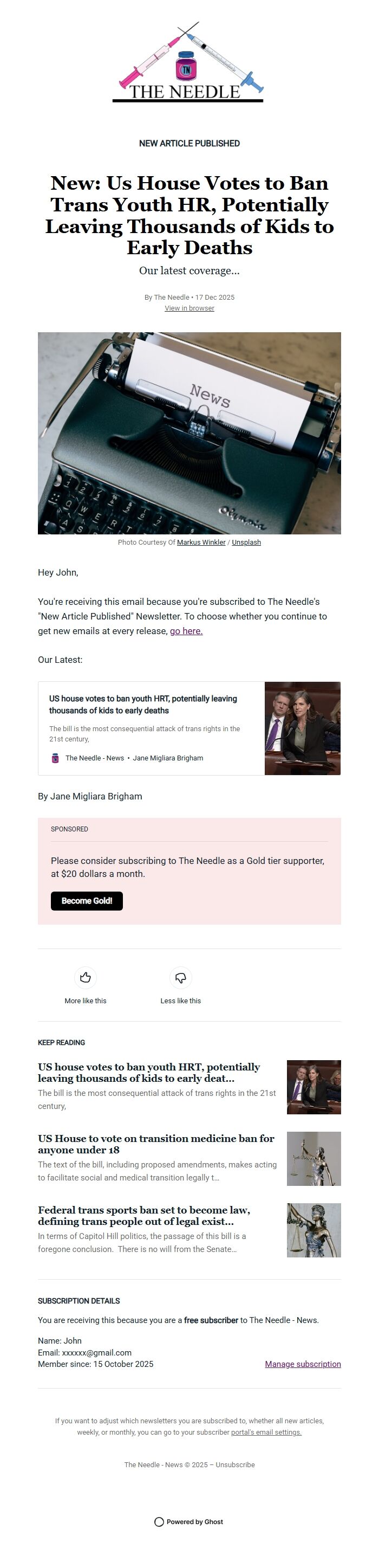 Screenshot of the email generated on import