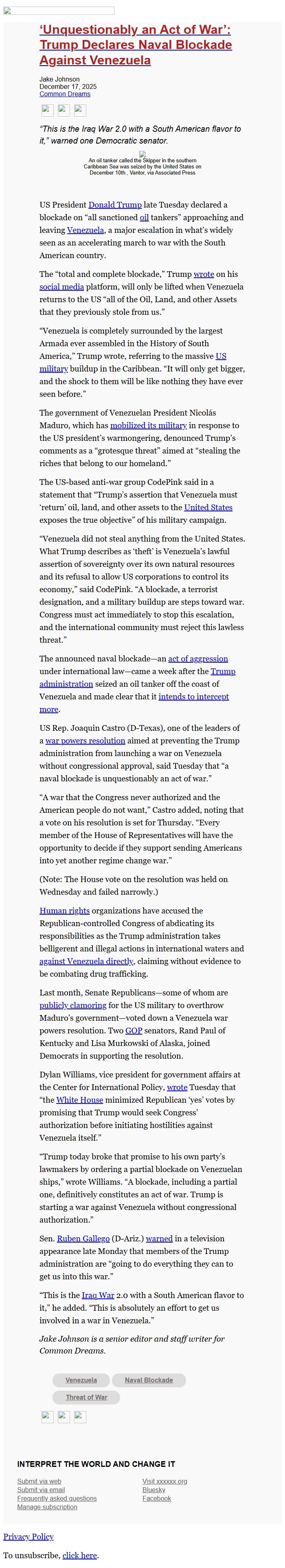 Screenshot of the email generated on import