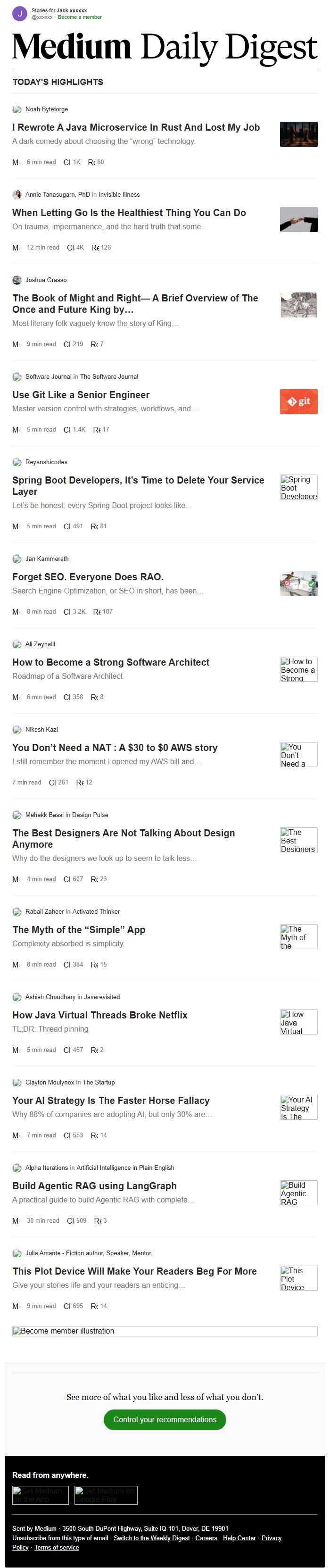 Screenshot of the email generated on import