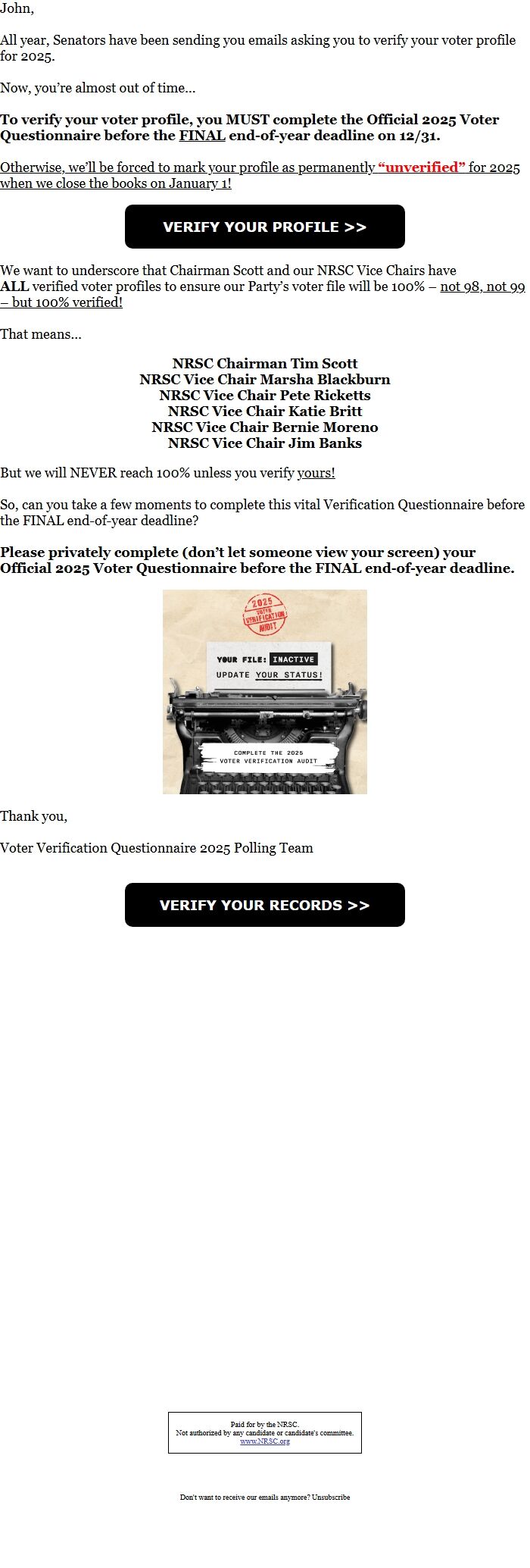 Screenshot of the email generated on import