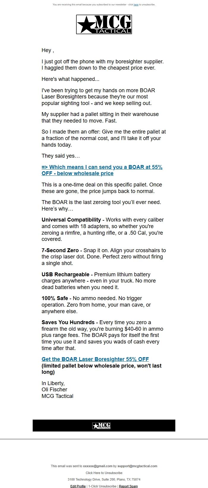 Screenshot of the email generated on import