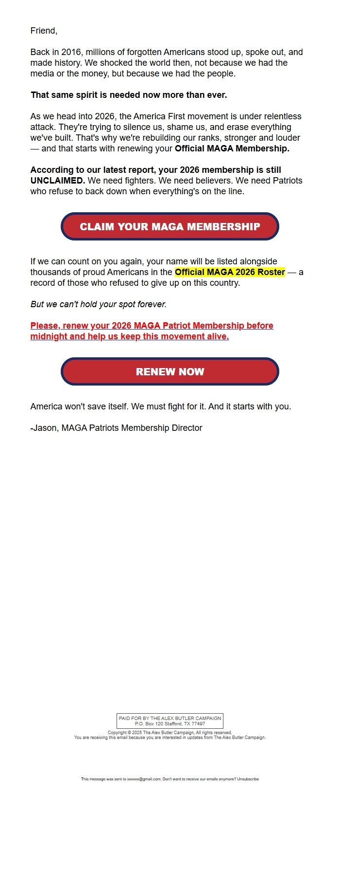 Screenshot of the email generated on import