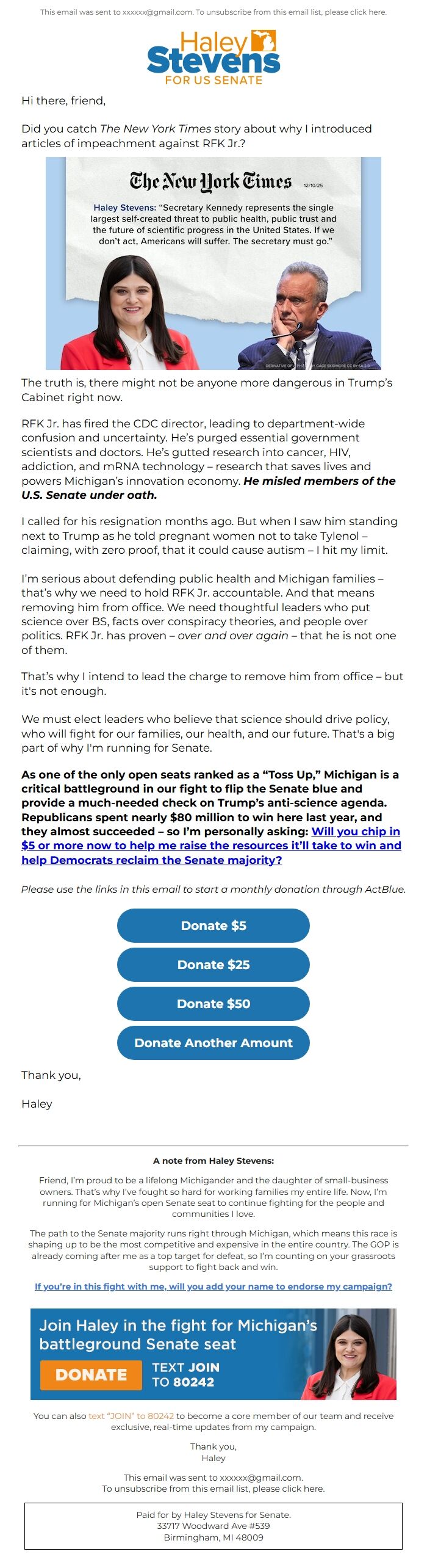 Screenshot of the email generated on import