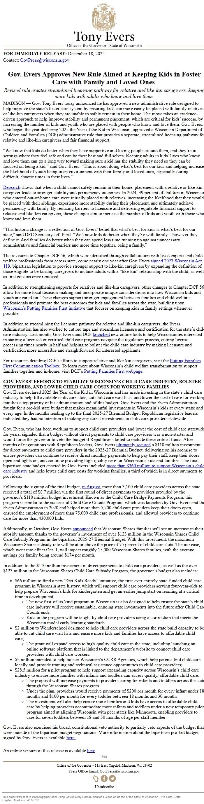 Screenshot of the email generated on import