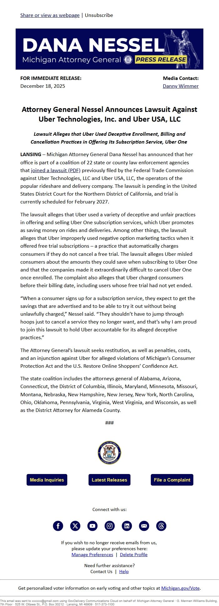 Screenshot of the email generated on import