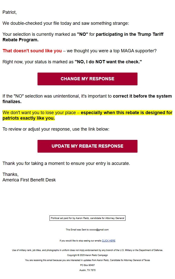 Screenshot of the email generated on import