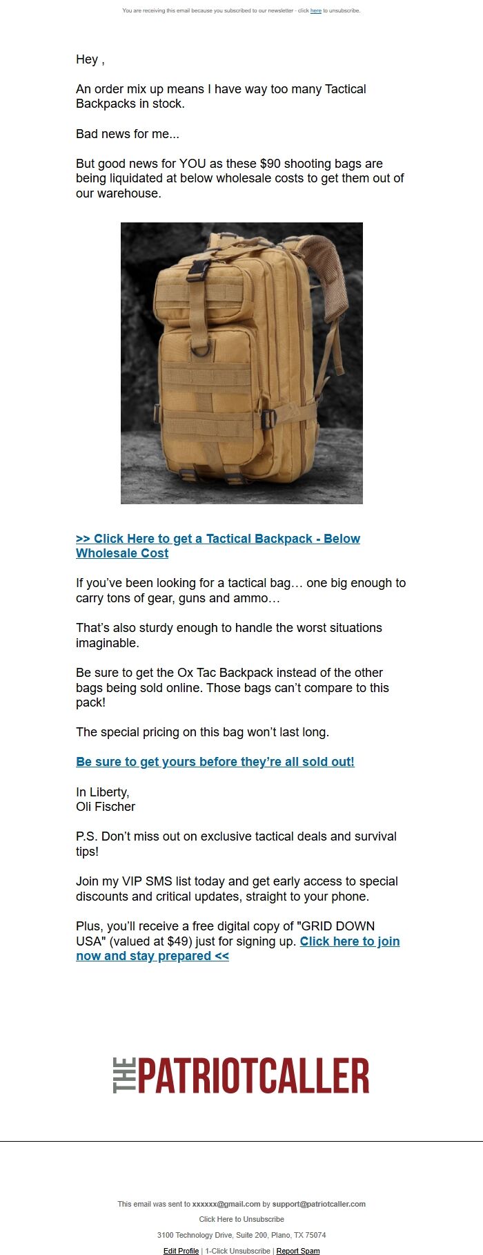 Screenshot of the email generated on import