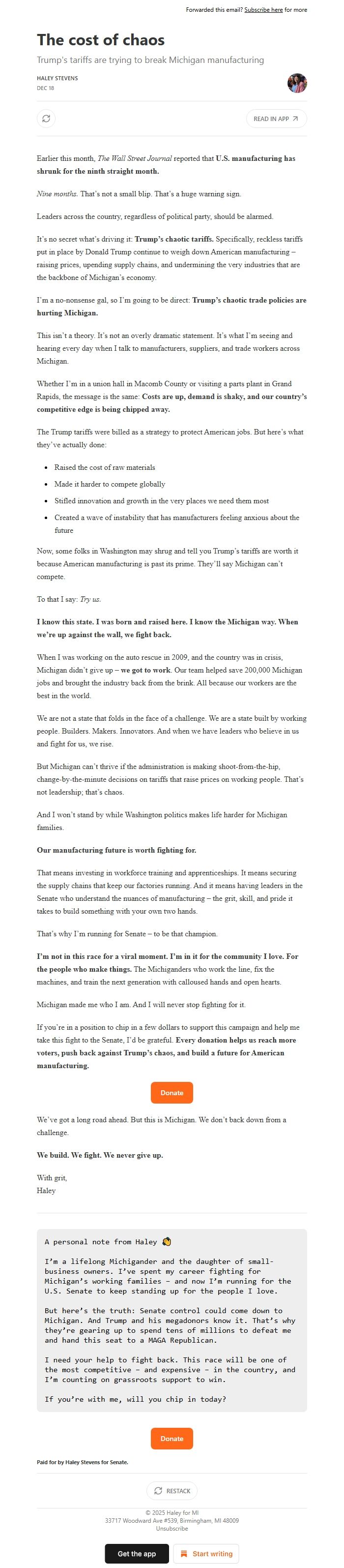 Screenshot of the email generated on import