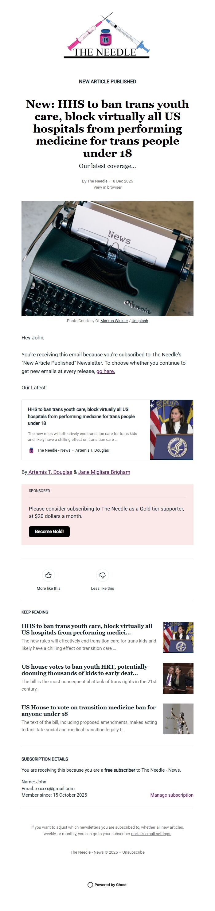 Screenshot of the email generated on import