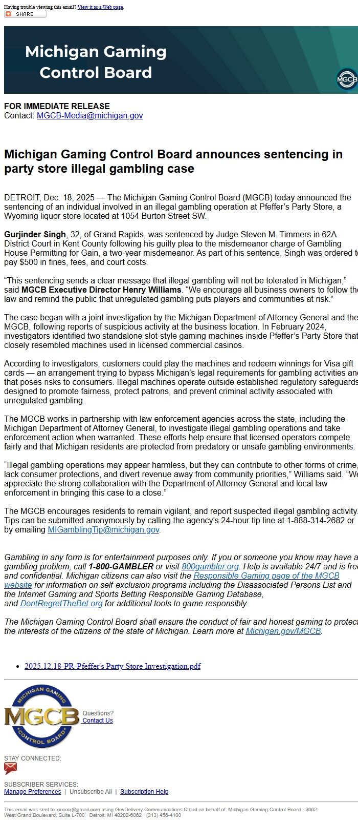 Screenshot of the email generated on import