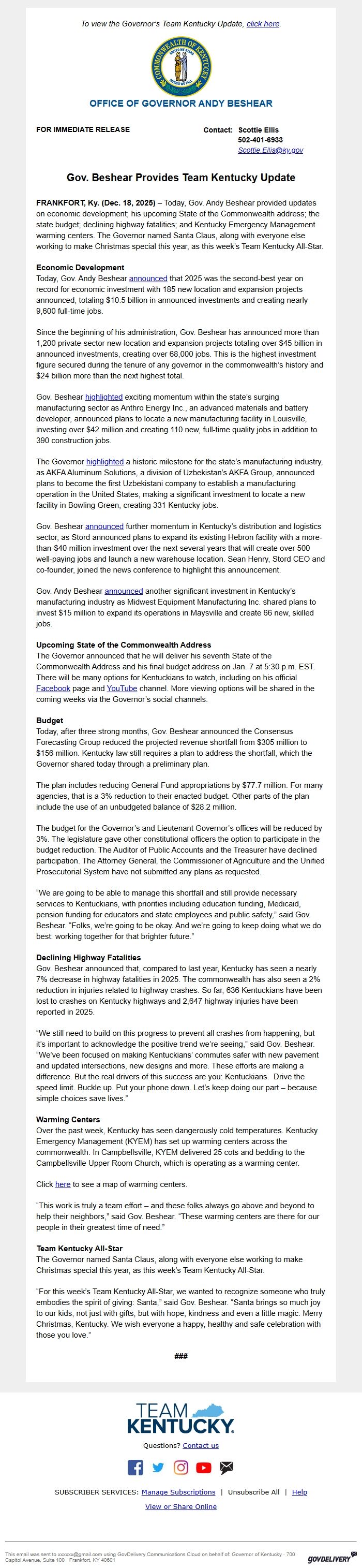 Screenshot of the email generated on import