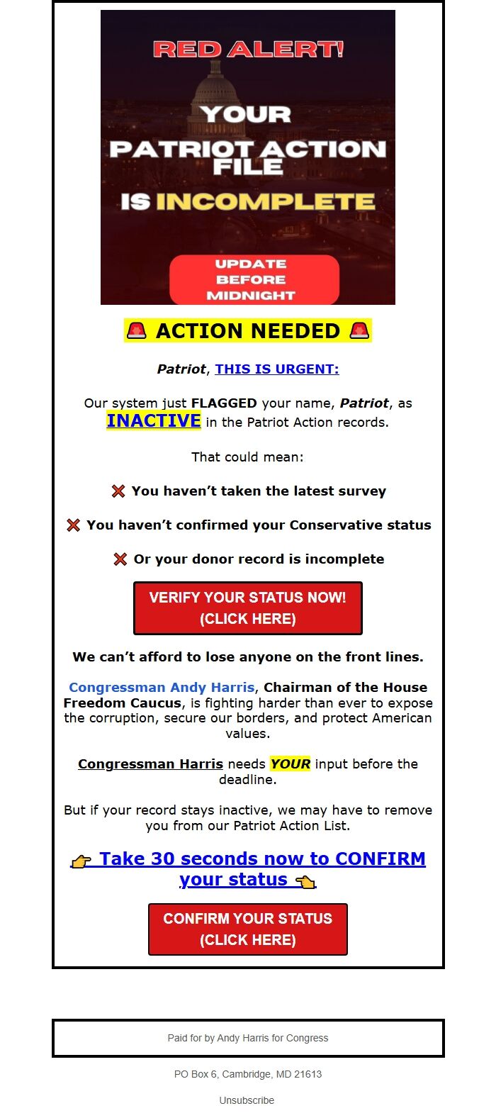 Screenshot of the email generated on import